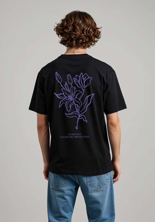 Floral Line Art Back Print T-Shirt – Minimal Botanical Graphic for Men