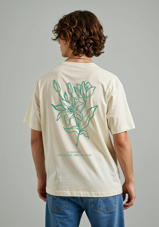 Floral Line Art Back Print T-Shirt – Minimal Botanical Graphic for Men